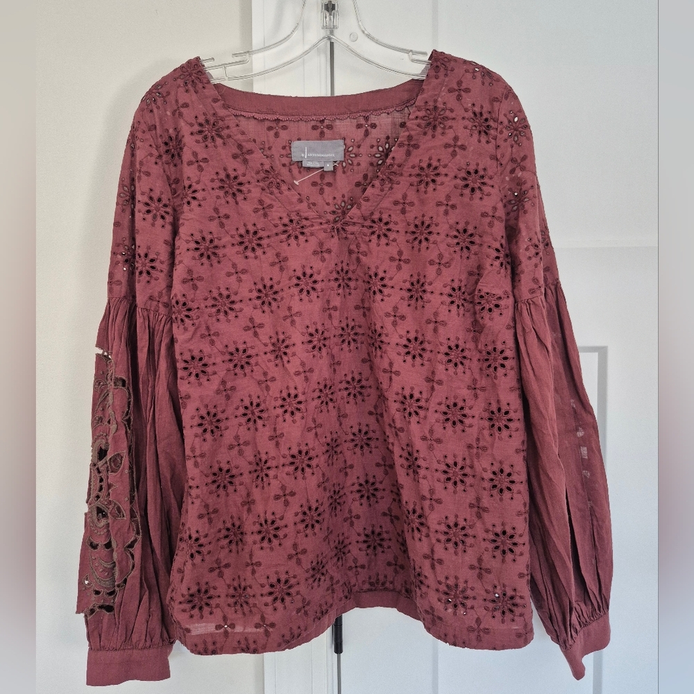 Anthropologie Top Rasberry Eyelet Embroidered Long Balloon Sleeve Size M - Picture 4 of 12
